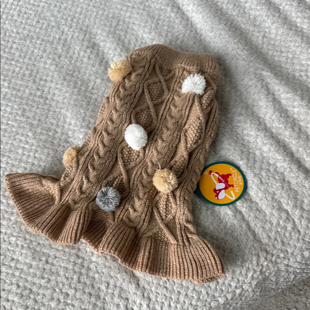 NWT Cozy Knit Dog Sweater with Pom Poms/ruffles - Tan